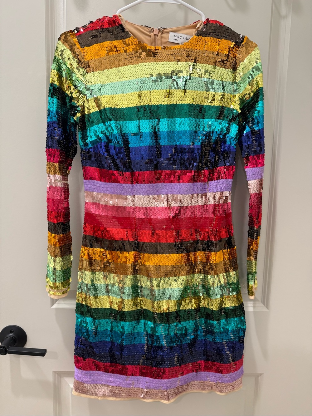 Mac Duggal Rainbow Sequin Long Sleeve Mini Dress NYE Pride Cocktail Party Sz 2
